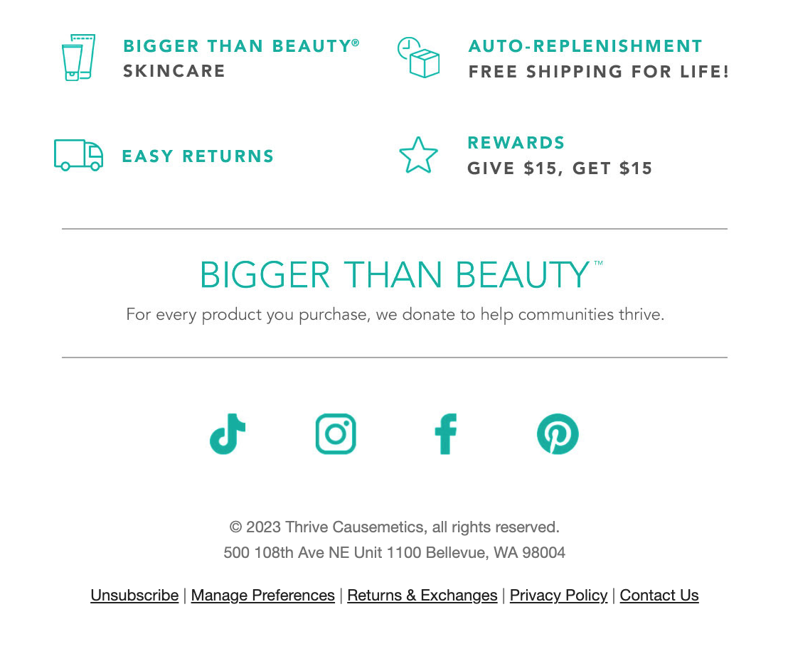 Thrive Causemetics on brand email footer